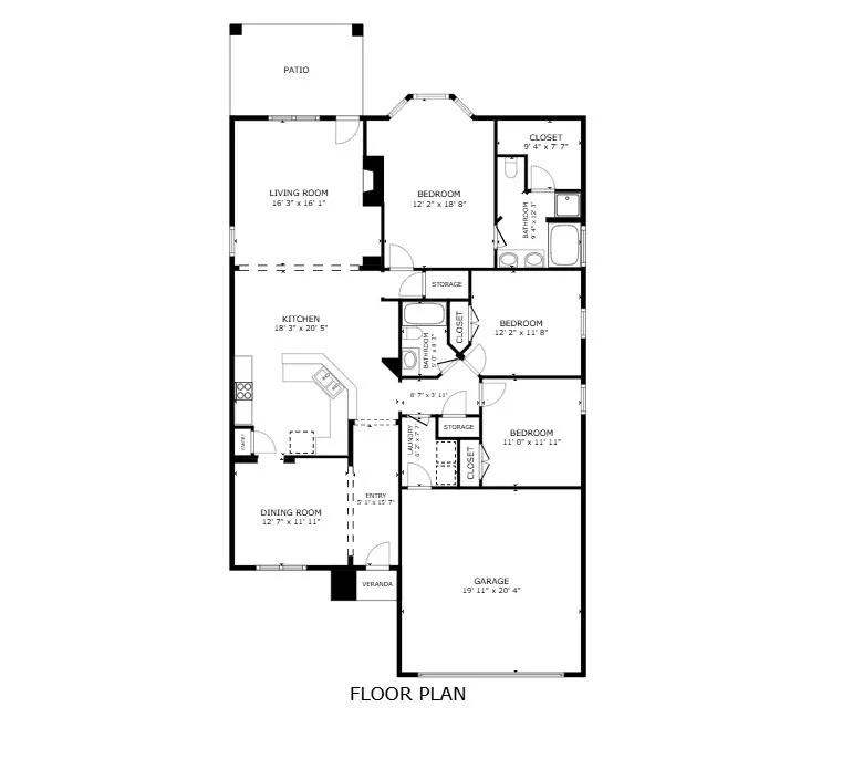 Architectural floor plan layout for 414 Dartmoor Drive featuring an open-concept flow, split primary bedroom suite, spacious kitchen, covered outdoor patio, and a 2-car garage.