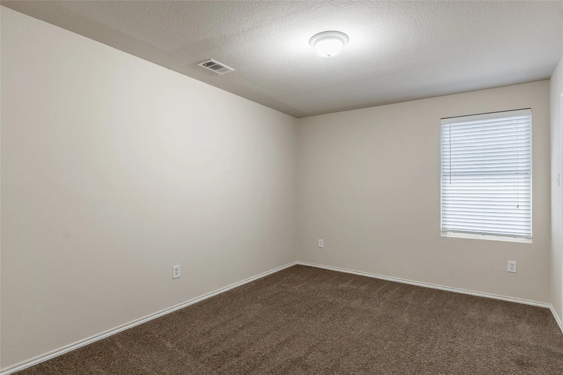 Neutral-toned walls complement the brown carpet flooring