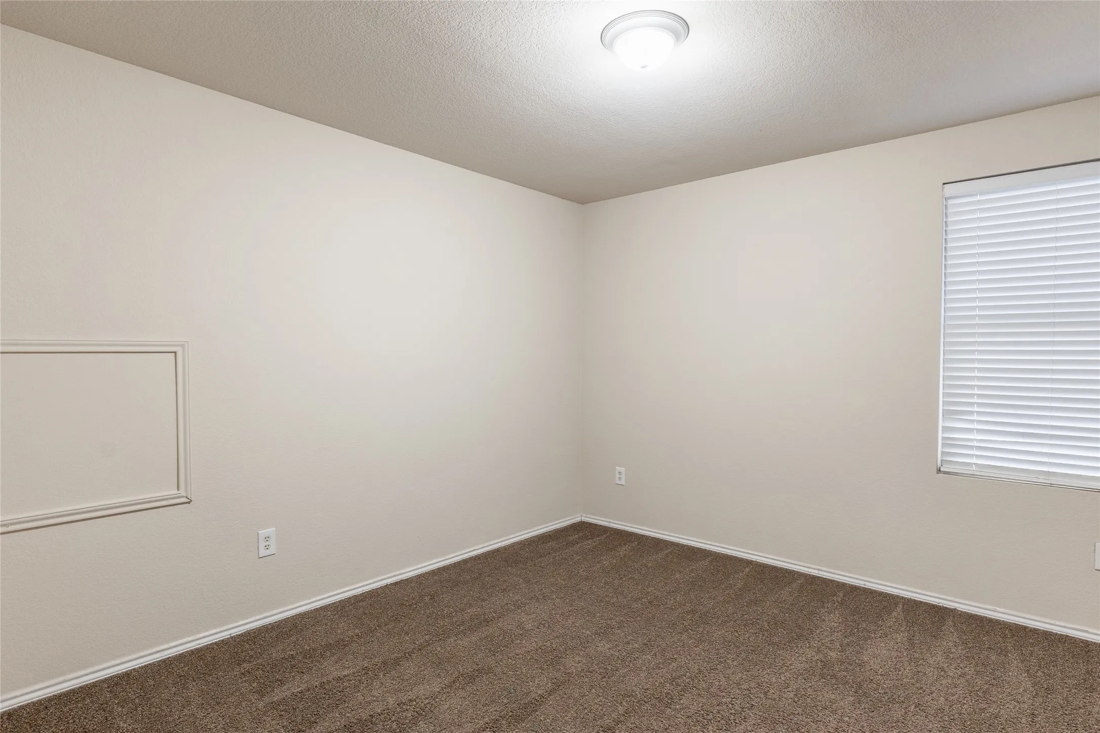 Neutral tone walls with white trim, brown carpeting, and a flush mount ceiling light fixture