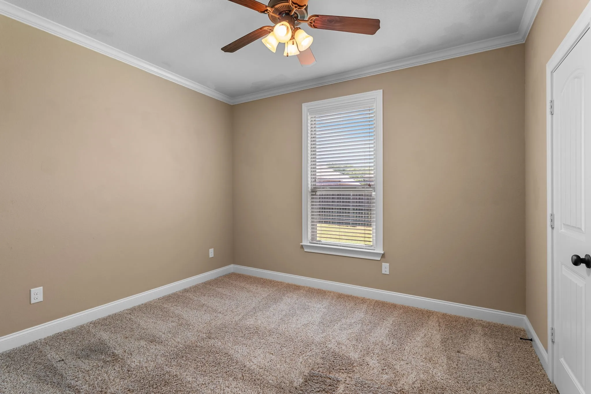 Carpeted room featuring a single window with blinds, ceiling fan with light fixture, neutral wall color, white crown molding, and a white paneled door