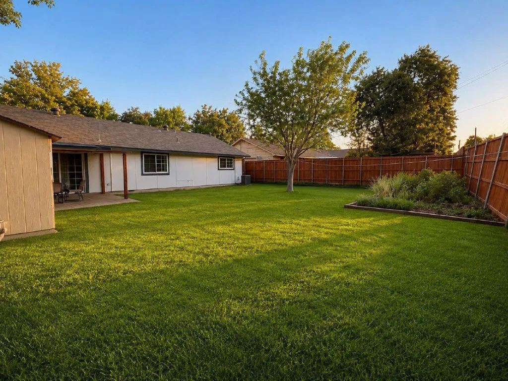 Expansive backyard featuring a manicured lawn, wood privacy fencing, and mature trees