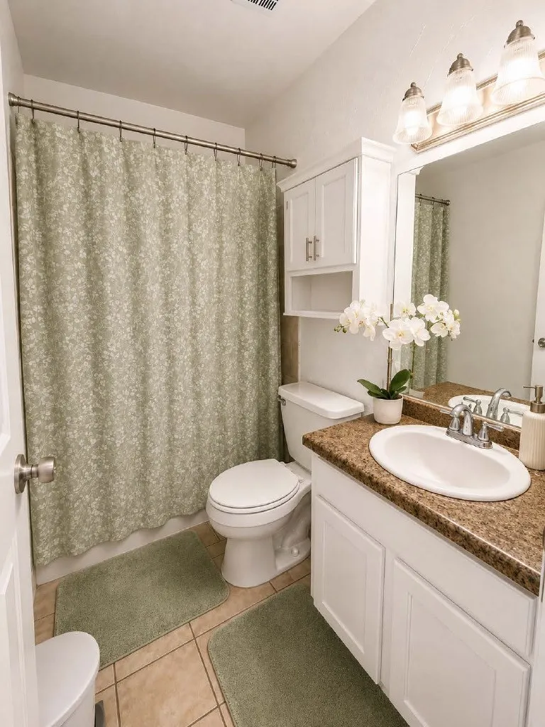 Bathroom vanity with a built-in sink, stone-look countertop, and white cabinetry