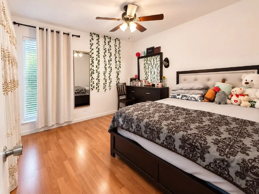 Bedroom featuring wood-finish flooring, a ceiling fan with light fixture, and a window with horizontal blinds and drapery
