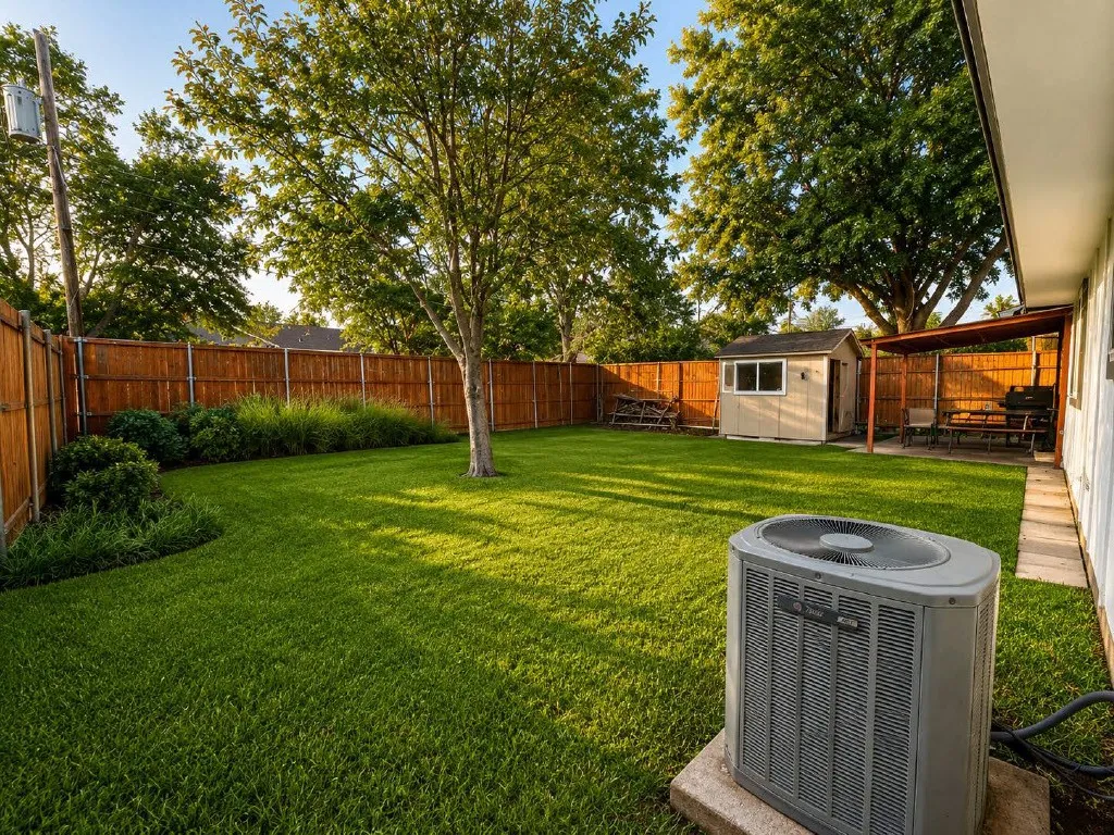 Expansive backyard featuring a lush lawn, mature trees, wood privacy fencing, a utility shed, and a covered patio area