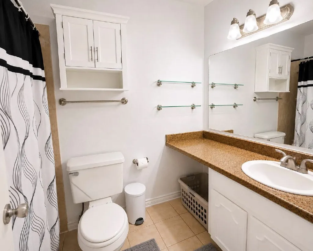 Full bathroom featuring a vanity with an integrated sink and a speckled countertop, a large mirror, and overhead lighting