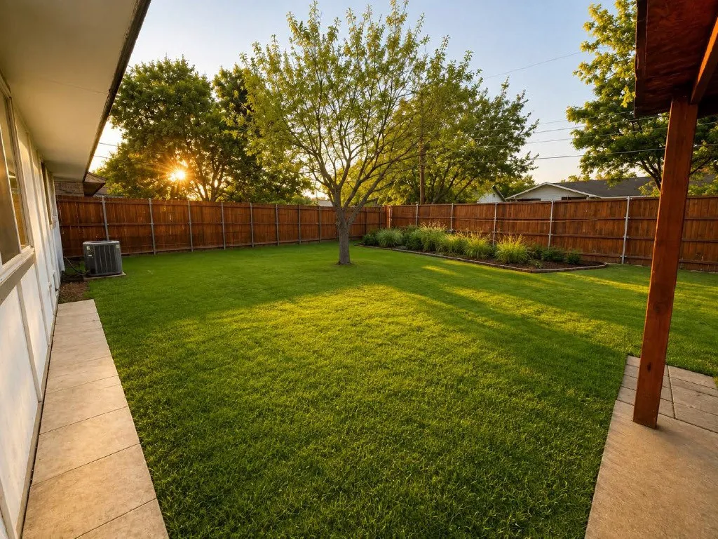 Expansive green lawn featuring a mature tree, perimeter wood fencing, and a built-in planter bed with established foliage