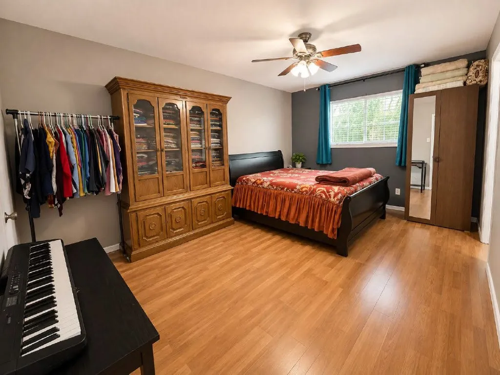 Well-lit room featuring wood-finish flooring, a ceiling fan, and a large window with privacy blinds