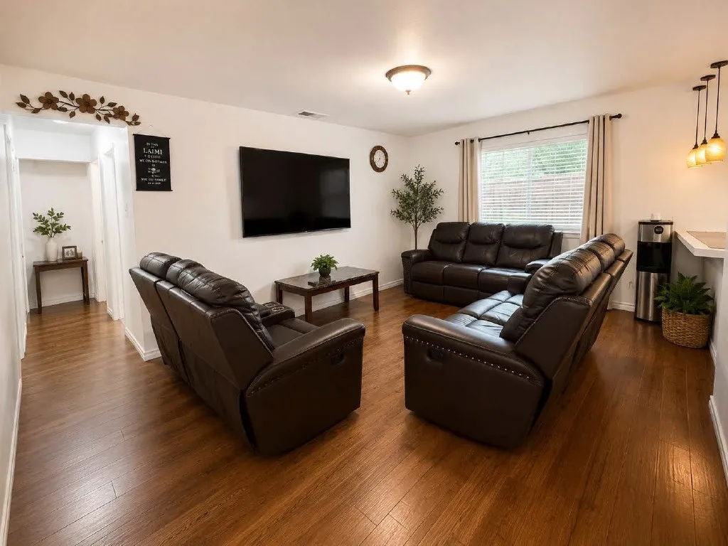 Spacious living area featuring wood-finish flooring, recessed lighting, and a large window with blinds