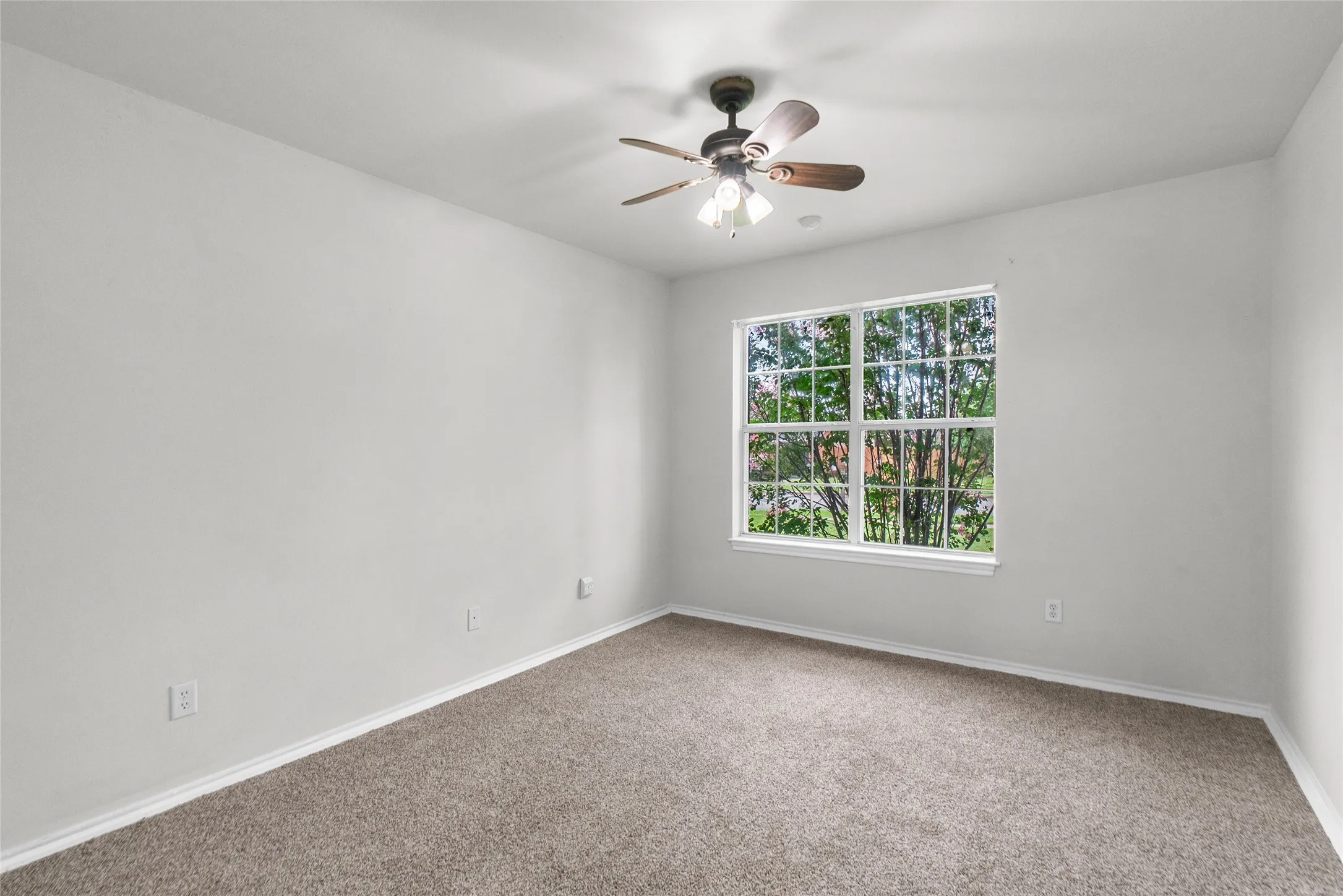 Bedroom featuring neutral wall tones, plush gray carpeting, and a multi-pane window