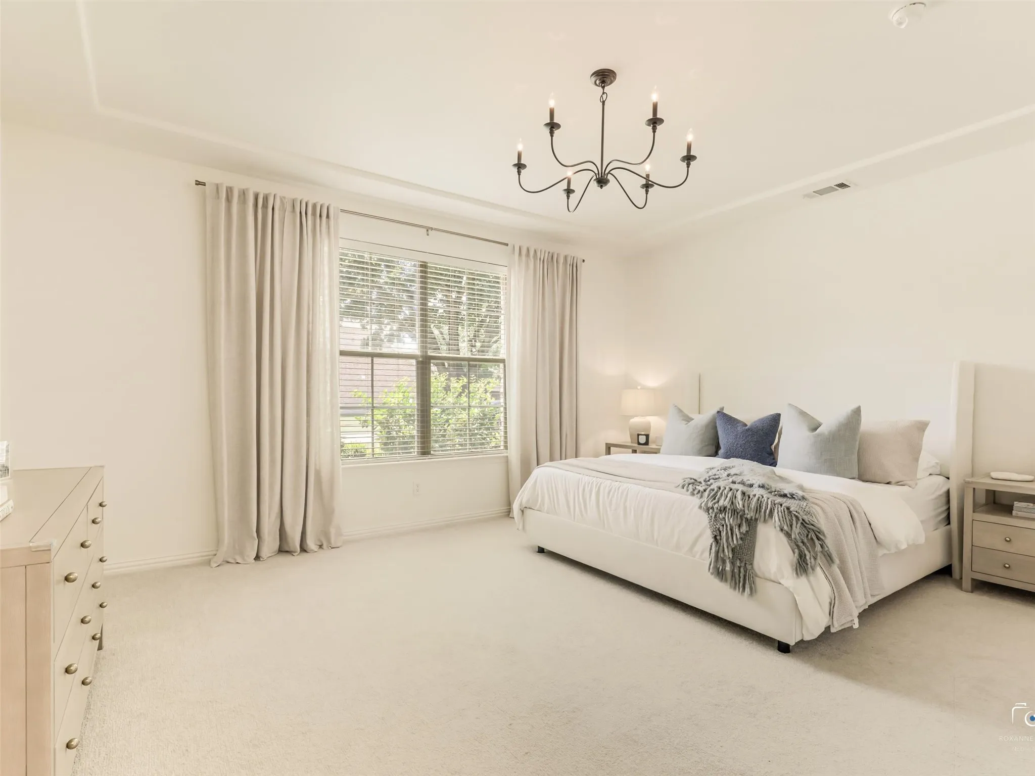 Escape to the spacious primary suite featuring oversized windows, tray ceiling, and plenty of room for a sitting area. Soft neutral finishes create a peaceful retreat.
