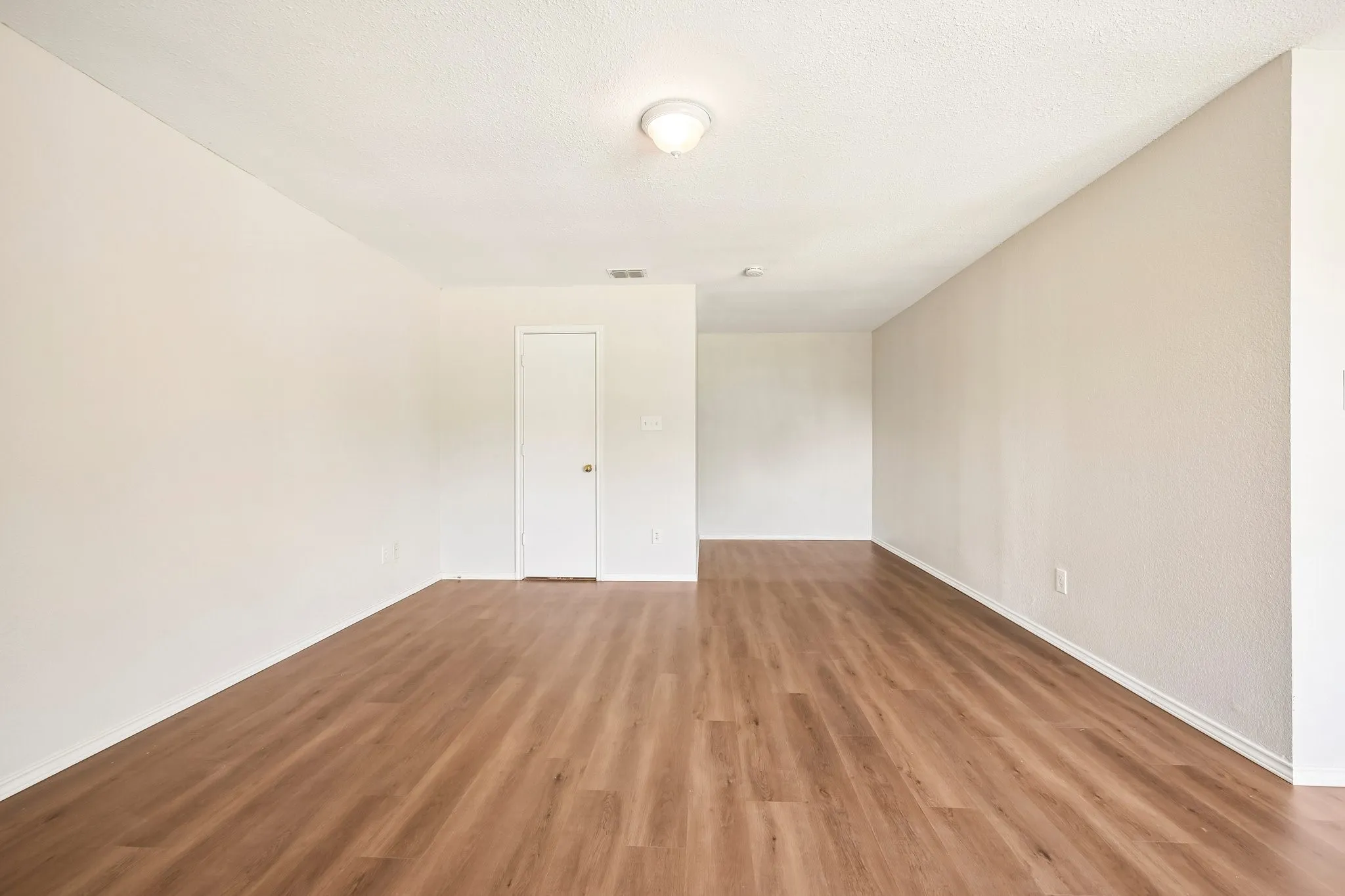 Open-concept room featuring wood-finish flooring, light neutral wall tones, and a single ceiling-mounted light fixture