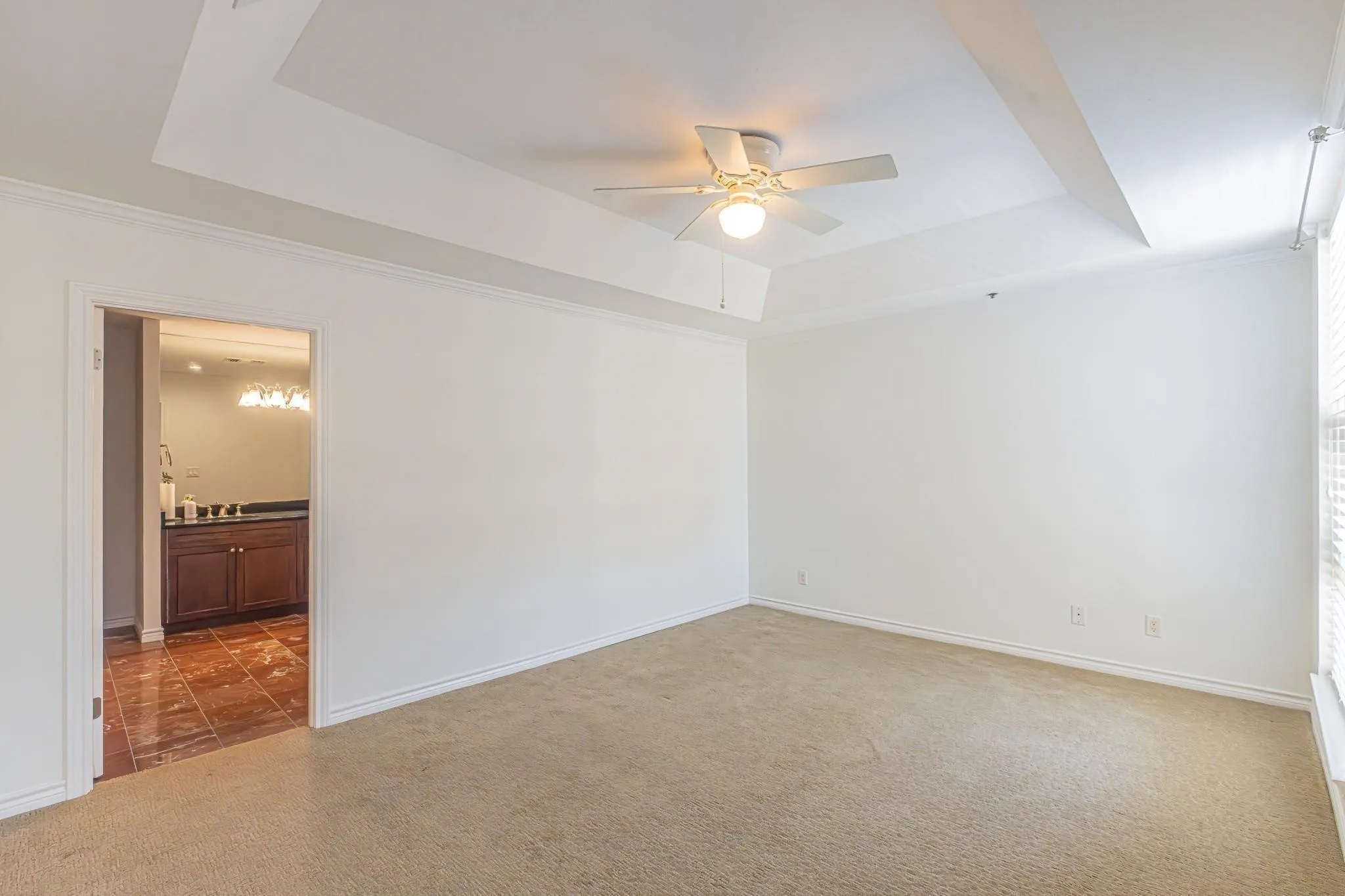 Spacious room featuring a tray ceiling with crown molding, ceiling fan, carpet flooring, and white window blinds