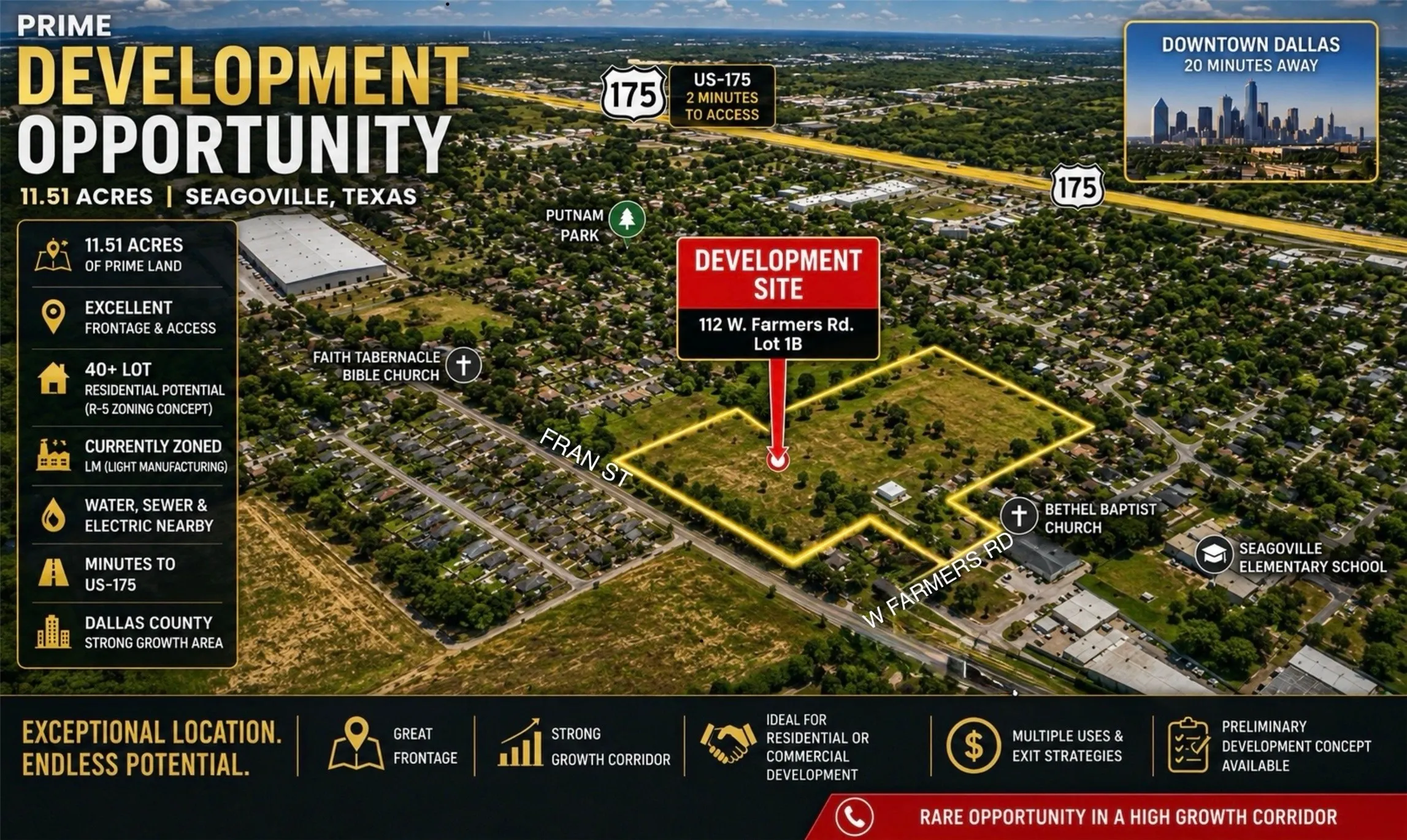 Improved Land For Sale in Dallas County , 112 W Farmers Road 1B, Seagoville, Texas 75159, 0, 0, Garage spaces, 0 Sqft, built in 0, Price $1,495,000, mls#21326294, Real Estate Agent in Seagoville, Homes For Sale in Dallas county, Homes For Sale in Seagoville, Realtor in Seagoville Texas, Real Estate Brokerage Independent Realty Texas, Luminita Cordes Realtor
