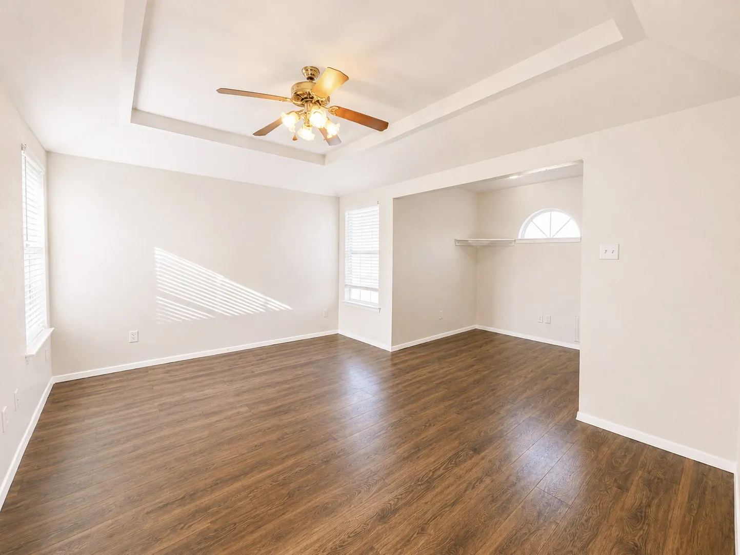 Room featuring tray ceiling, wood-finish flooring, two windows with blinds, and a built-in alcove with an arched window