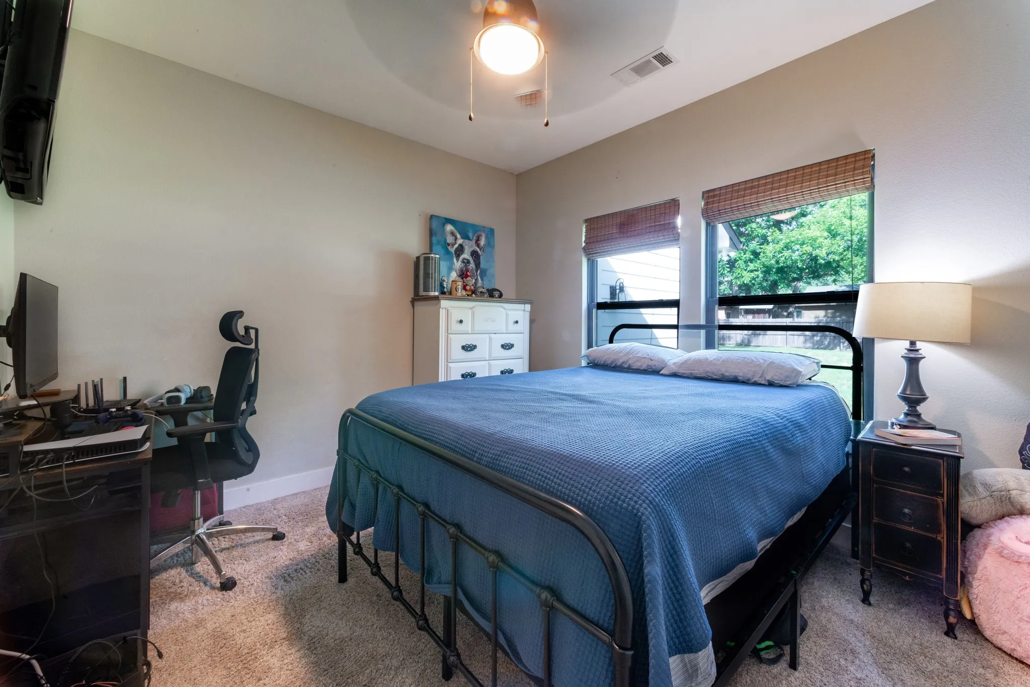 Carpeted room featuring dual windows with woven blinds, a ceiling fan with integrated lighting, and neutral wall tones