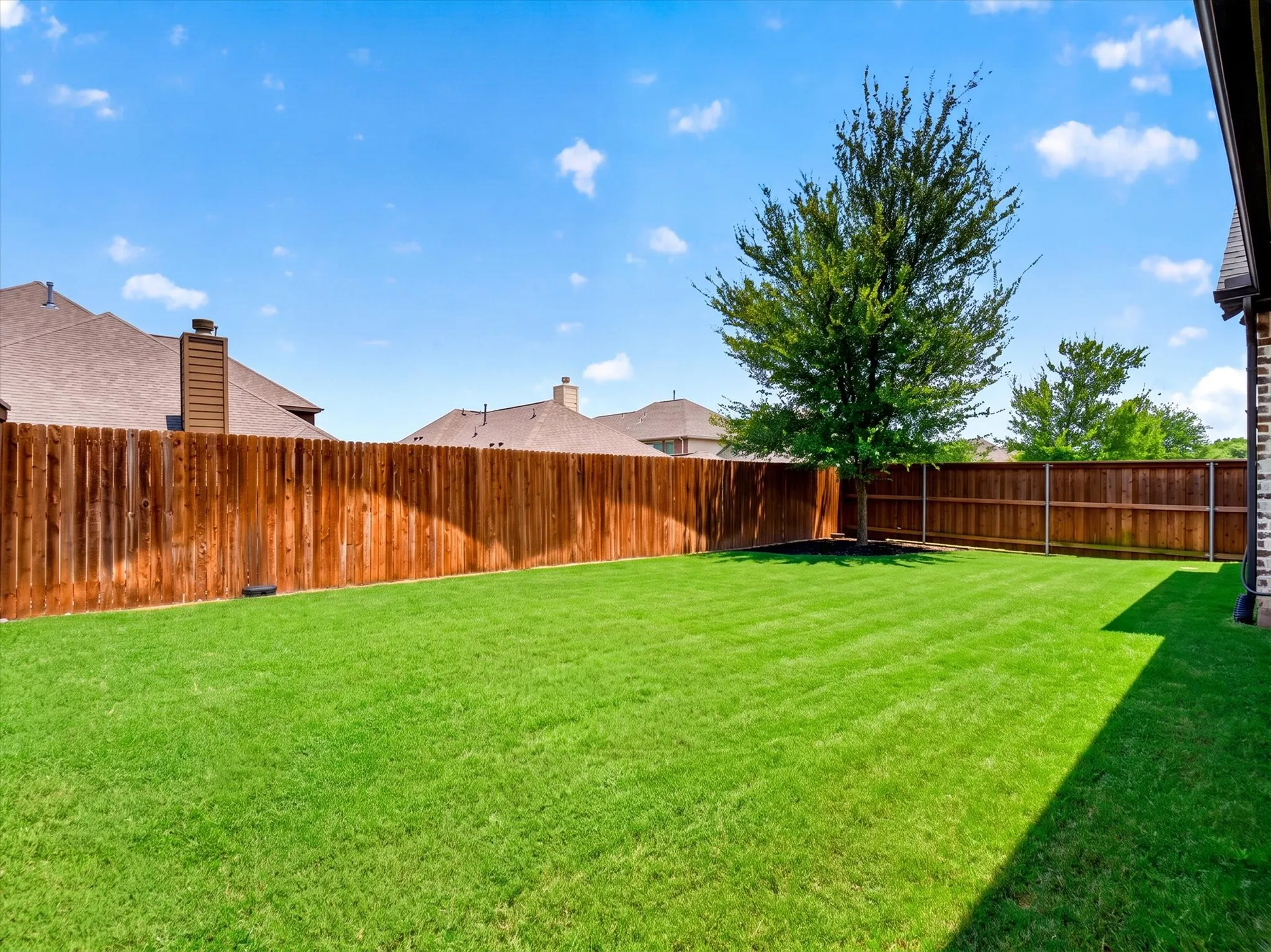 Expansive backyard featuring a manicured lawn, established tree, and full privacy fencing