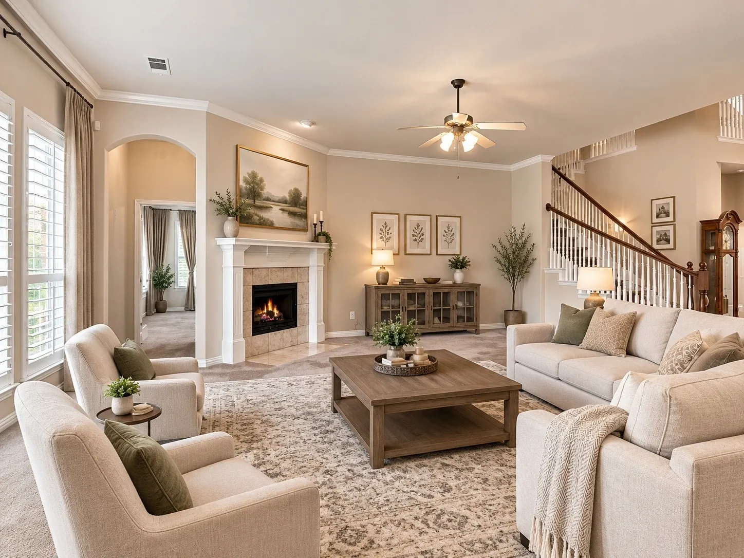 AI generated Spacious living area featuring a fireplace with a stone surround, an open staircase with wood handrails, large windows with plantation shutters, crown molding, and a ceiling fan