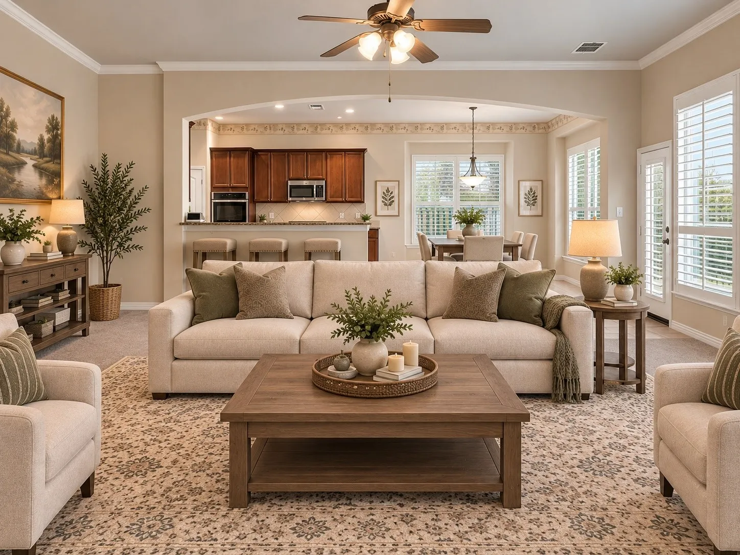AI generated Open-concept interior featuring light-toned walls, crown molding, a ceiling fan, and hardwood cabinetry in the background kitchen