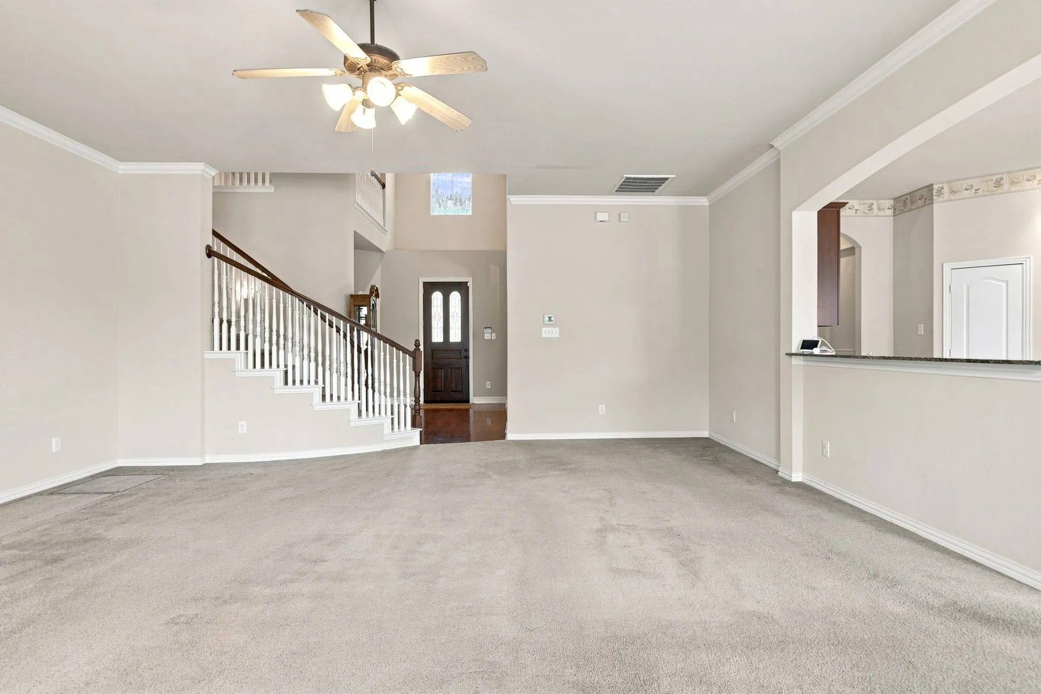 Expansive main living area featuring a ceiling fan, plush carpet, and crown molding
