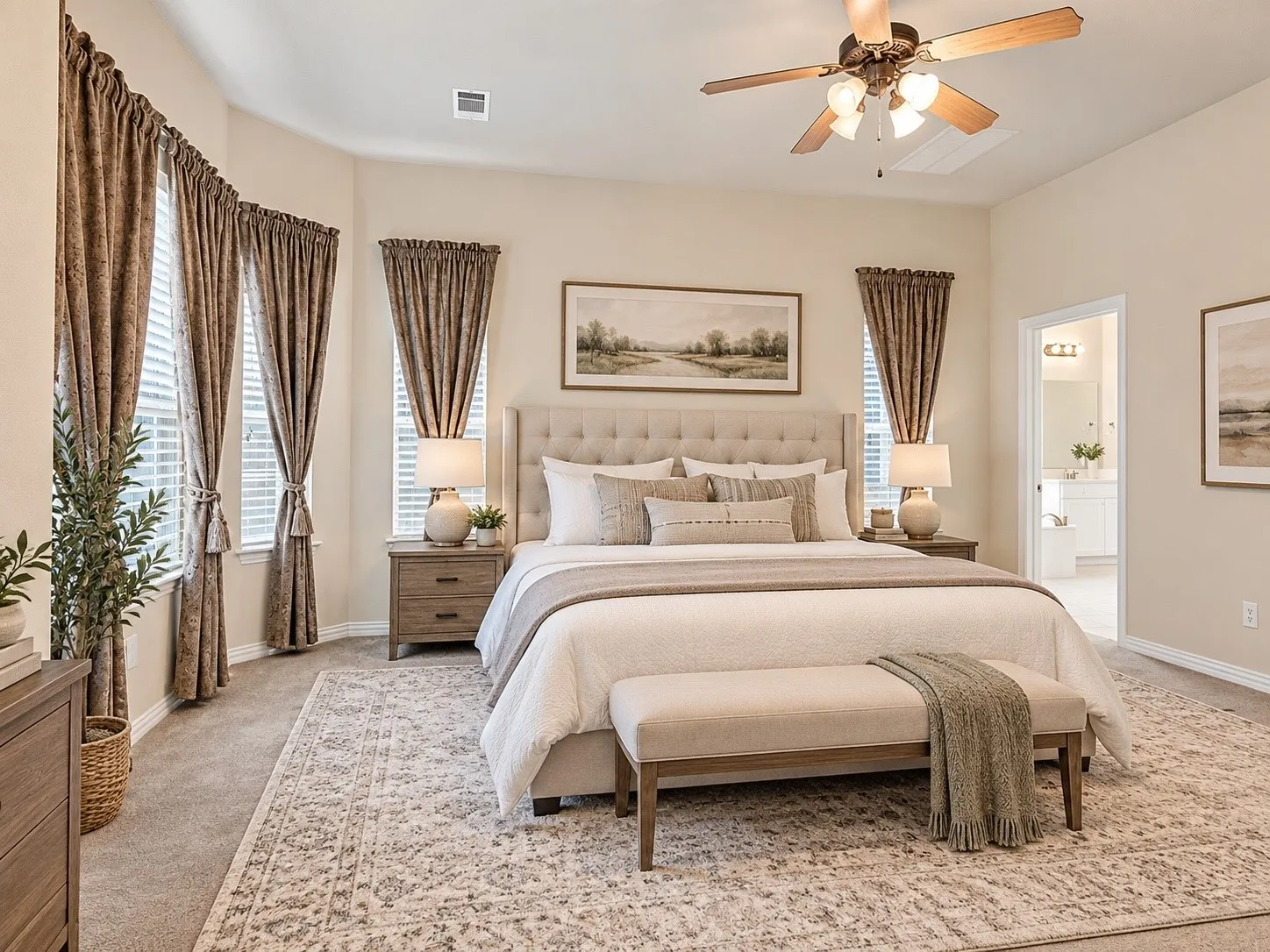 AI Generated Recessed lighting, ceiling fan with light fixture, light-toned wall paint, neutral-toned carpet, and an en-suite bathroom with a vanity and mirror