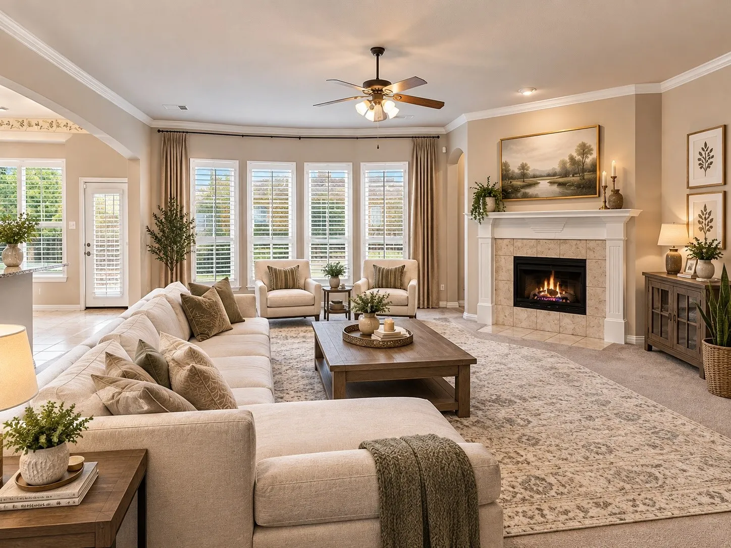 AI generated Living area with a tile-surround fireplace, multiple large windows featuring plantation shutters, crown molding, and a ceiling fan