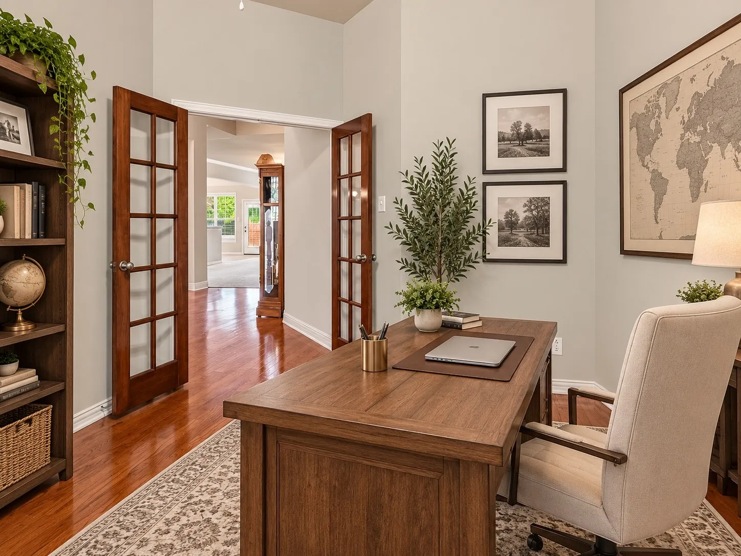 AI Generated French doors with clear glass panes open to a room featuring wood-finish flooring, a built-in wooden bookcase, and light-colored walls