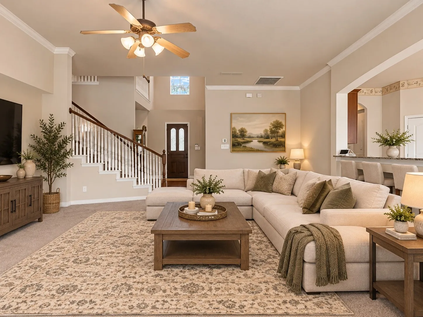 AI generated Open-concept living area with a ceiling fan, crown molding, a built-in staircase, and a wood-finish front entry door