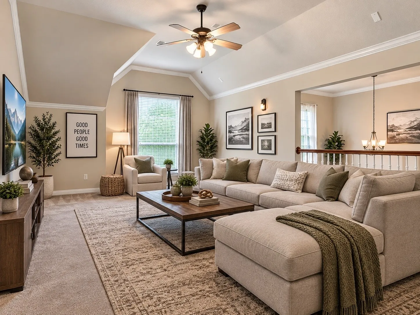 AI Generated Vaulted ceiling featuring a ceiling fan, recessed lighting, and crown molding