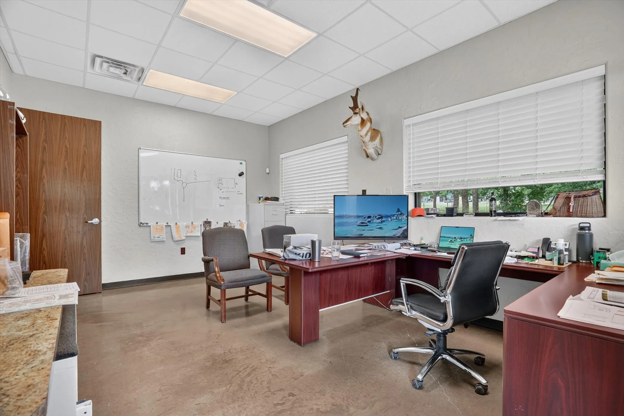 Spacious office featuring concrete flooring, a large window with white blinds, and a built-in wood-finish desk