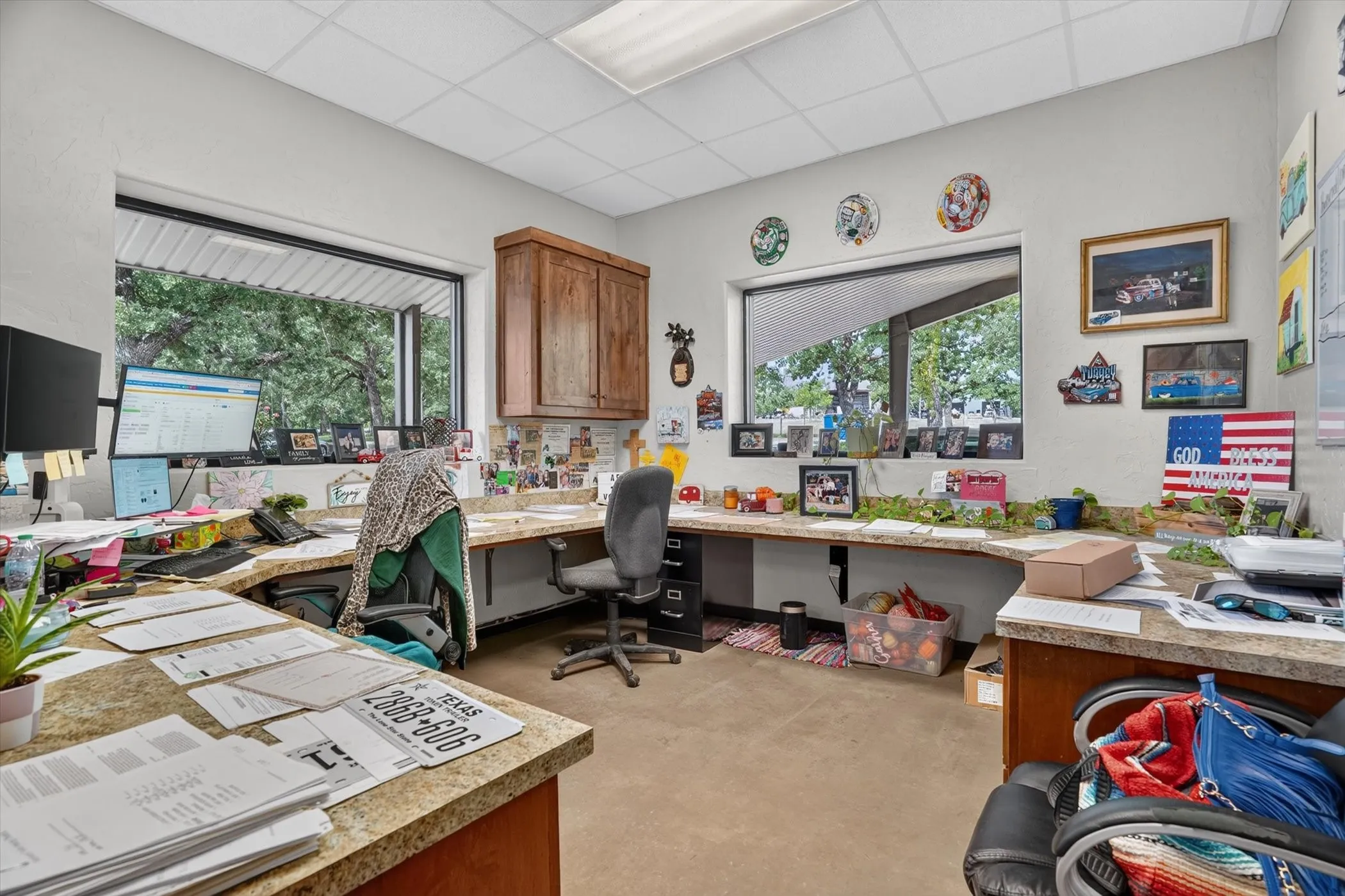 Spacious office area featuring two large windows, durable wood-finish countertops, built-in cabinetry, and a dropped ceiling with integrated lighting