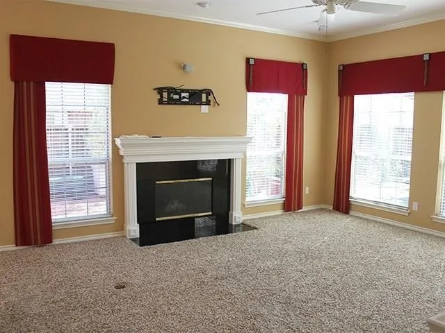Living area featuring a classic white mantelpiece, a black firebox, and light-colored carpeting