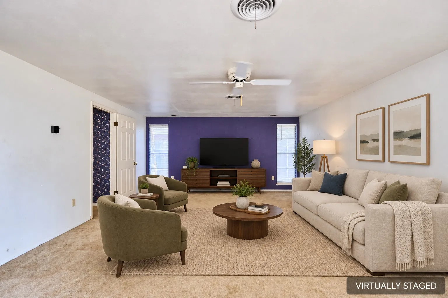 Recessed ceiling vent, ceiling fan, and light-toned wall finishes
