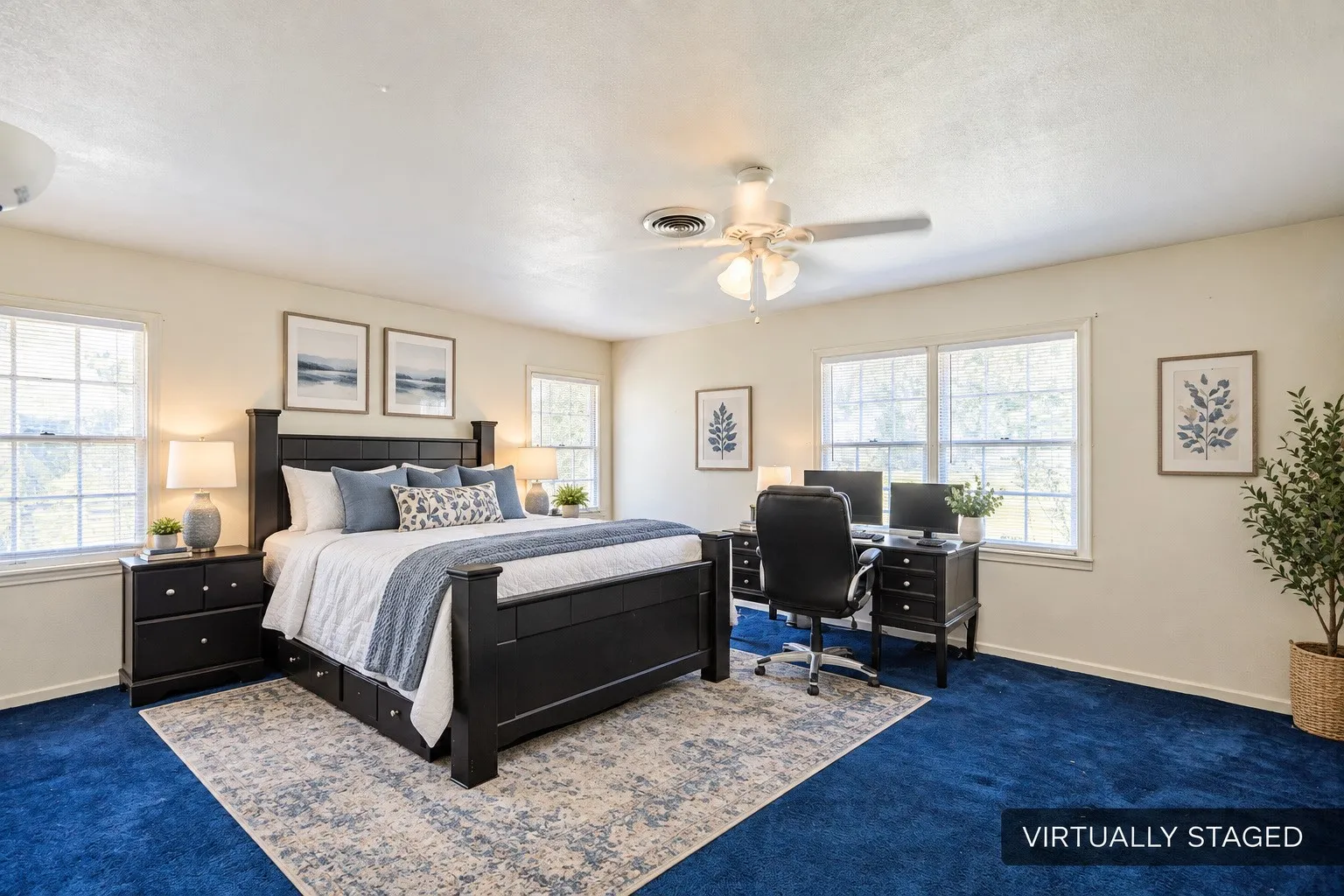 Spacious room featuring multiple windows, a ceiling fan, and blue carpeting