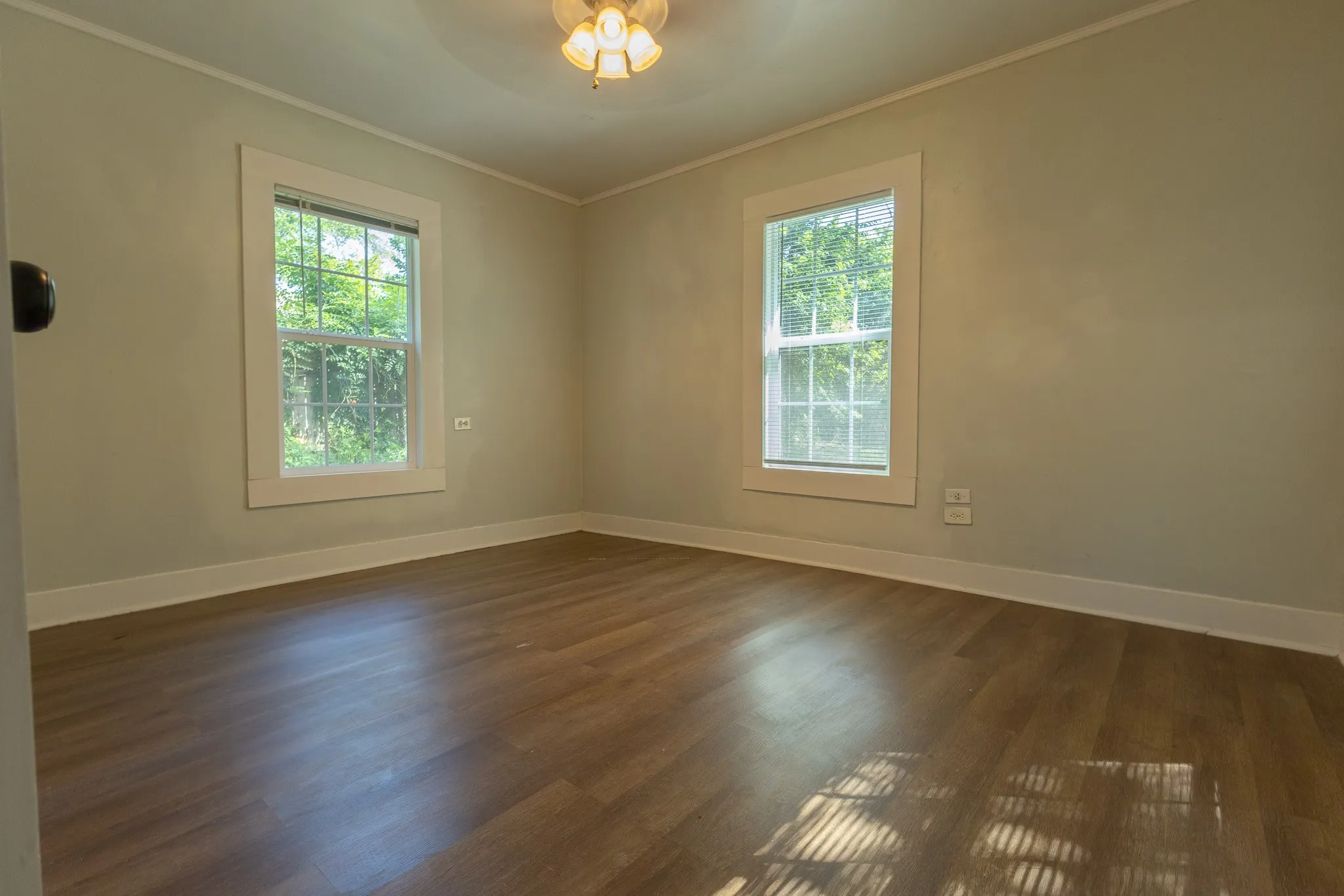Spacious room featuring wood-finish flooring, light-toned walls, and white trim