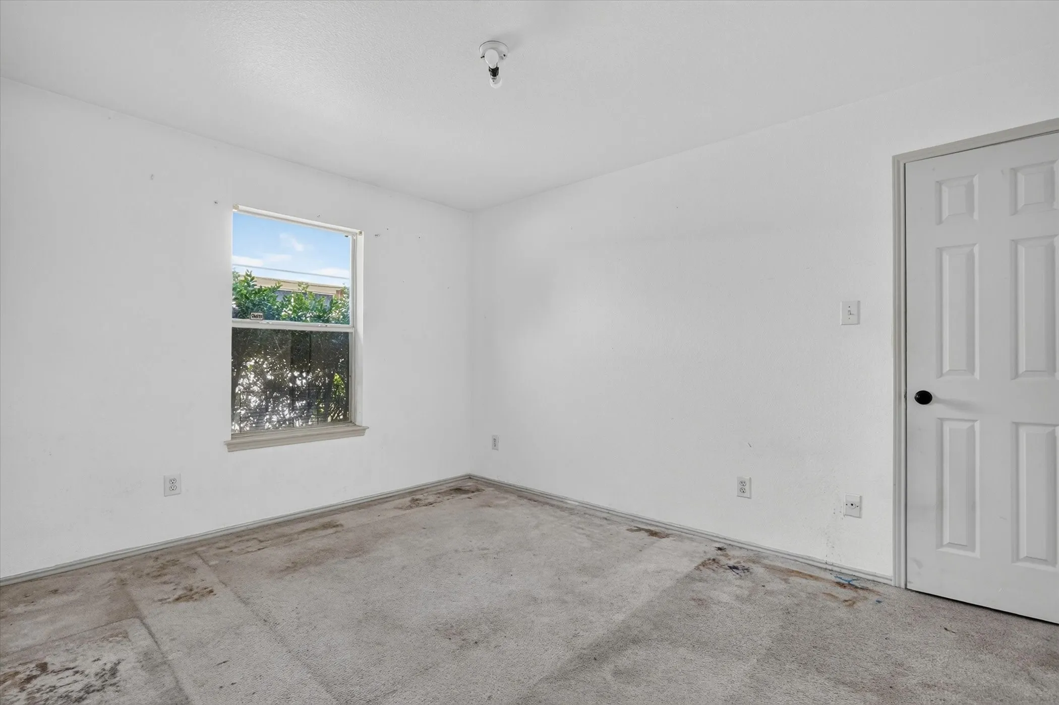 Windowed interior space with a paneled door and exposed concrete flooring