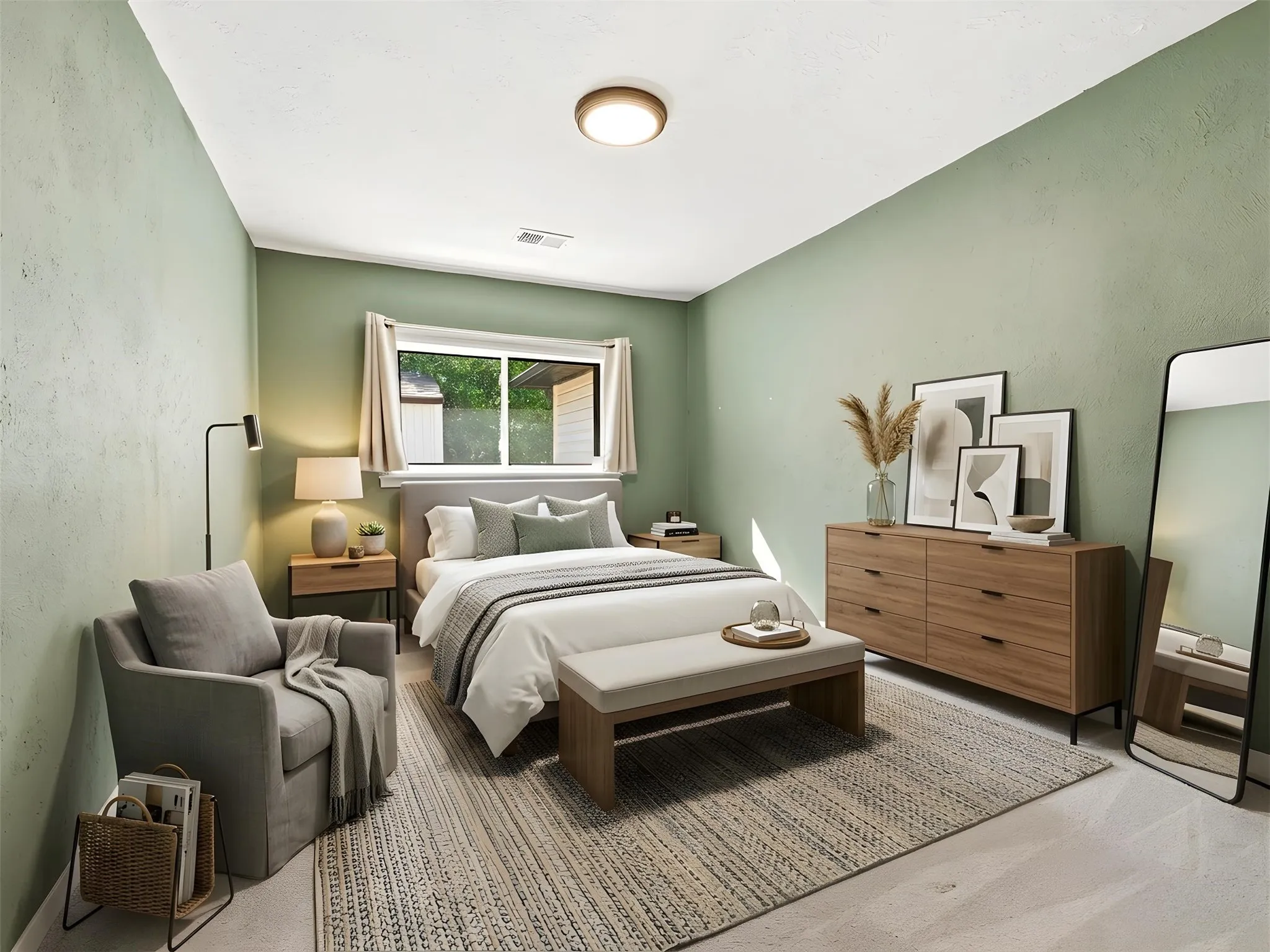 Spacious room featuring a large window, textured green walls, recessed lighting, and light-colored flooring