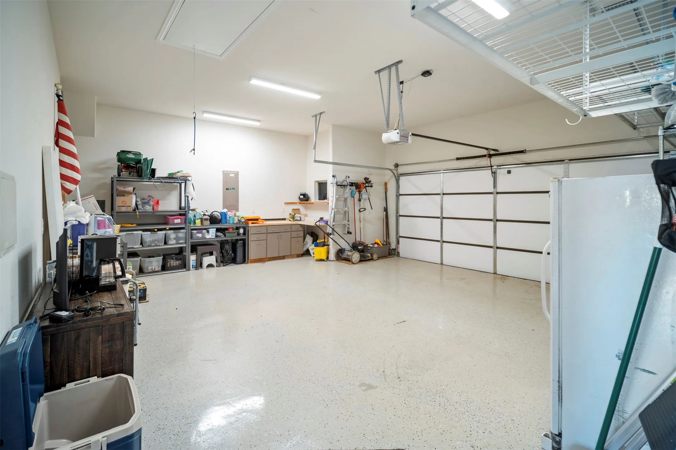 Oversized with work bench and overhead storage