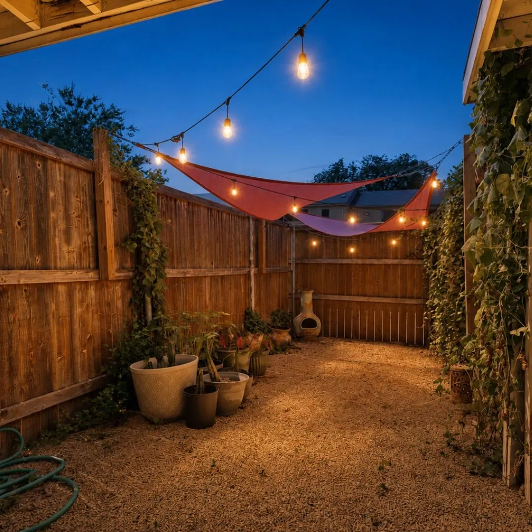 Private backyard with full wood fencing, string lighting, and a shade sail