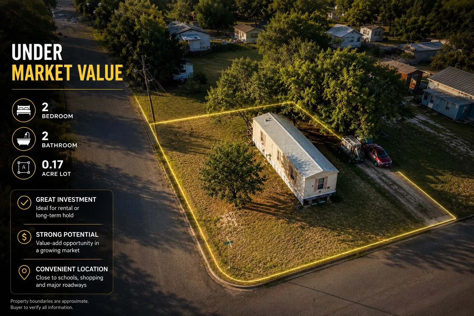 Close-up drone view detailing the home structure, roofline, and clear property boundaries.