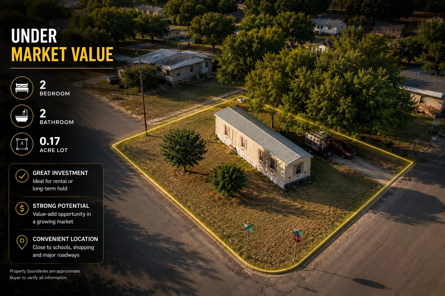 Overhead view showcasing street access, property layout, and mature surrounding trees.
