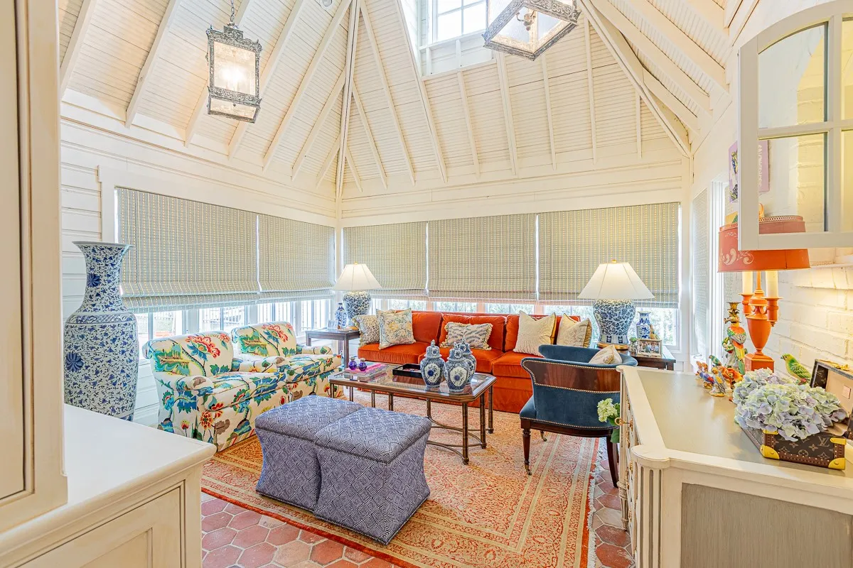 Cathedral Ceiling Doors to Patio with Fountain