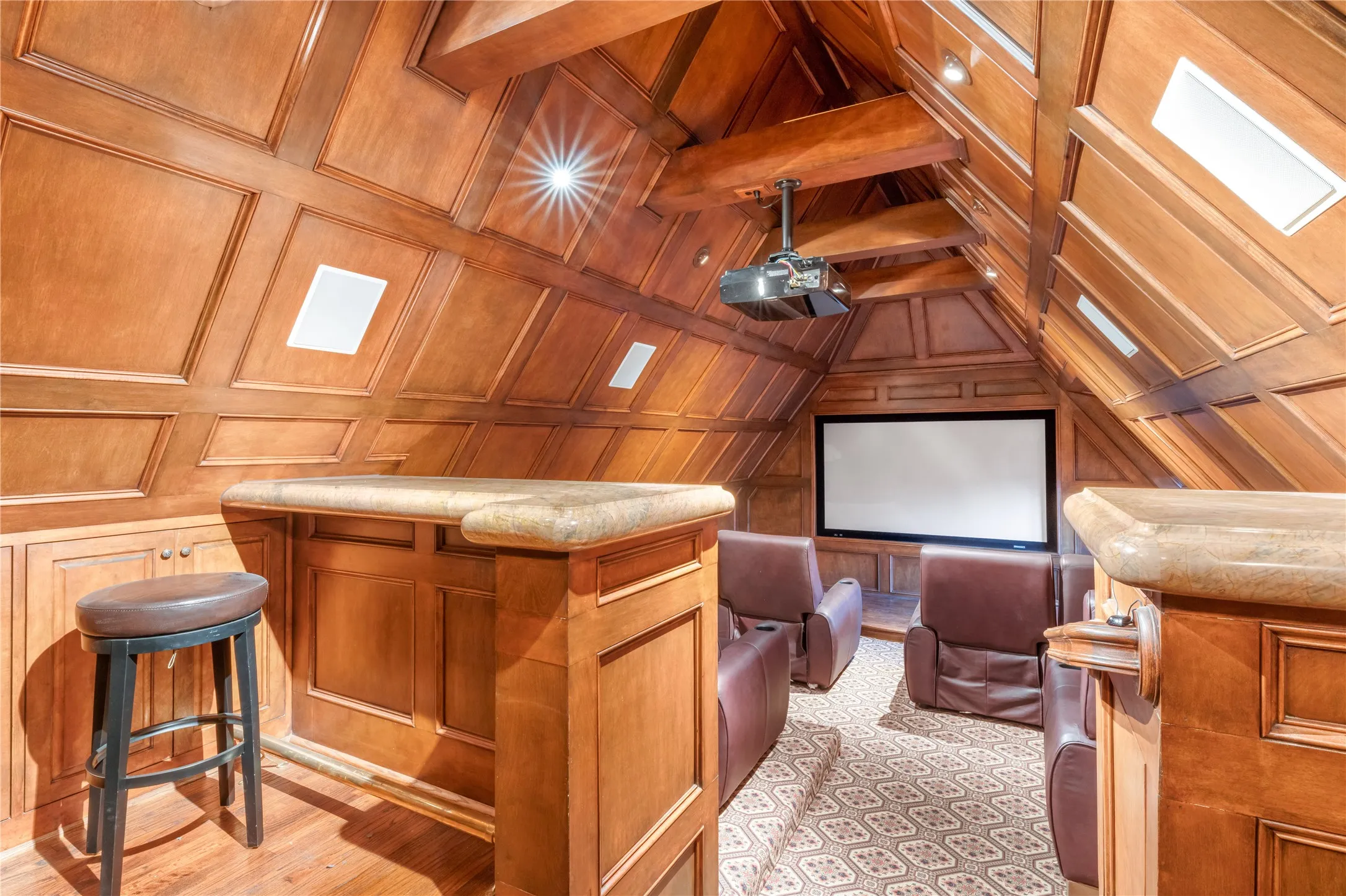 Wood-Paneled Media Room with Wet Bar, Stage