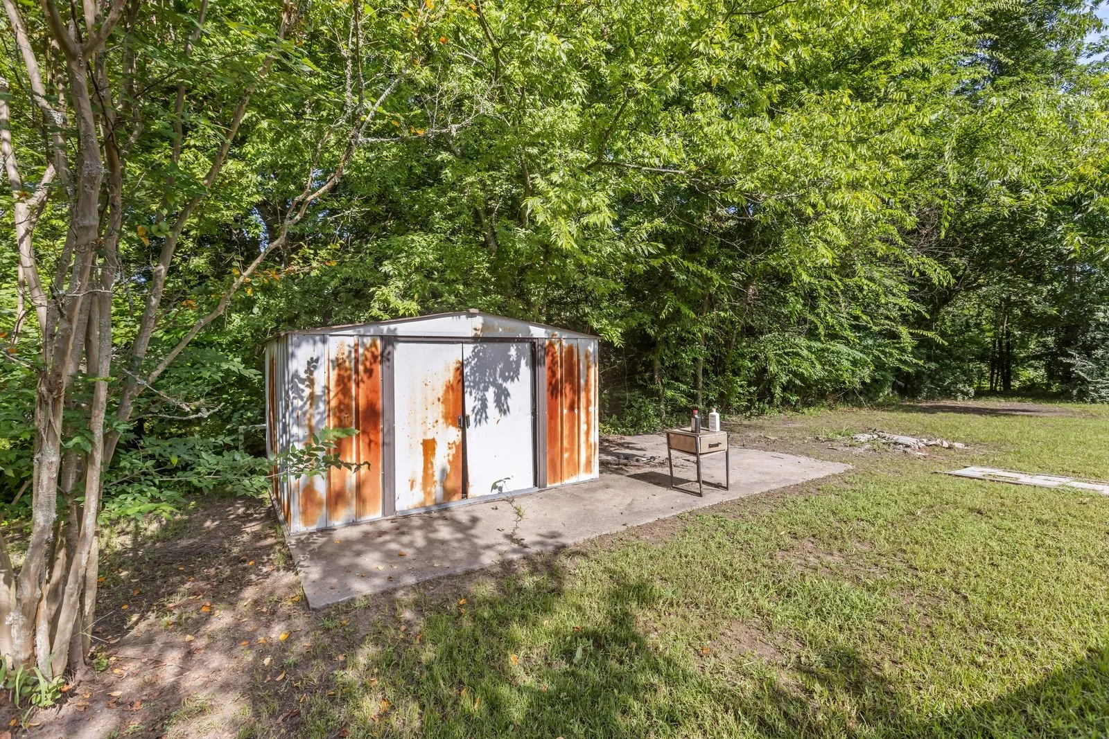 Outdoor storage shed on a concrete pad, surrounded by mature trees and natural landscaping