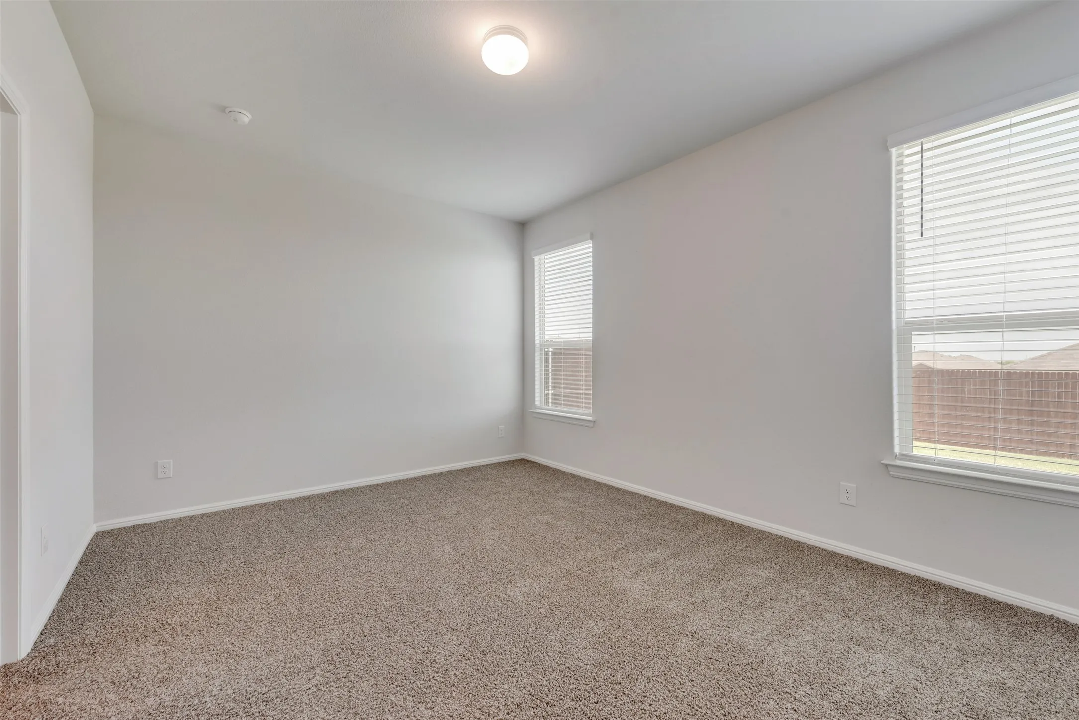 Spacious room featuring neutral wall paint, two windows with blinds, a ceiling-mounted light fixture, and plush carpeting