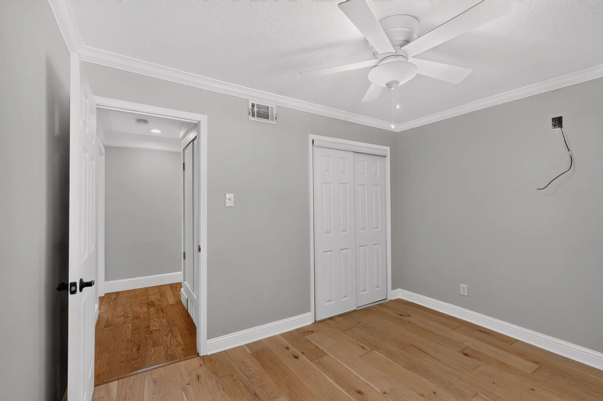 Room featuring wood-finish flooring, light grey wall paint, and crown molding