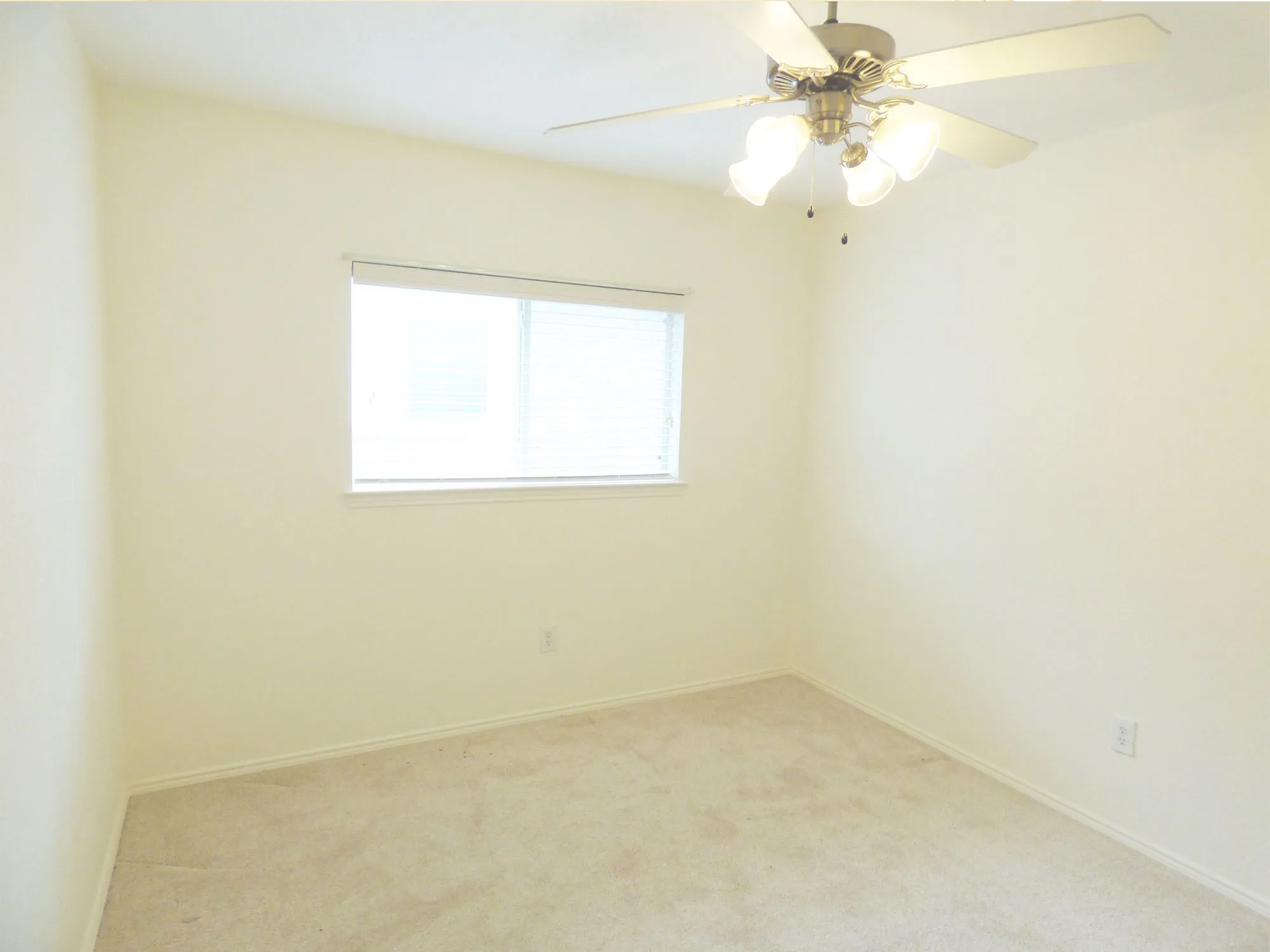 Carpeted room with a ceiling fan light fixture, a window with blinds, and neutral-toned walls