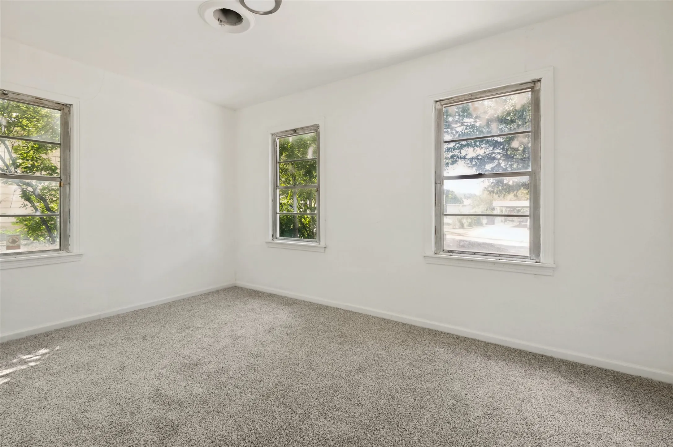 Bright room featuring white walls, three sash windows, and gray carpet flooring