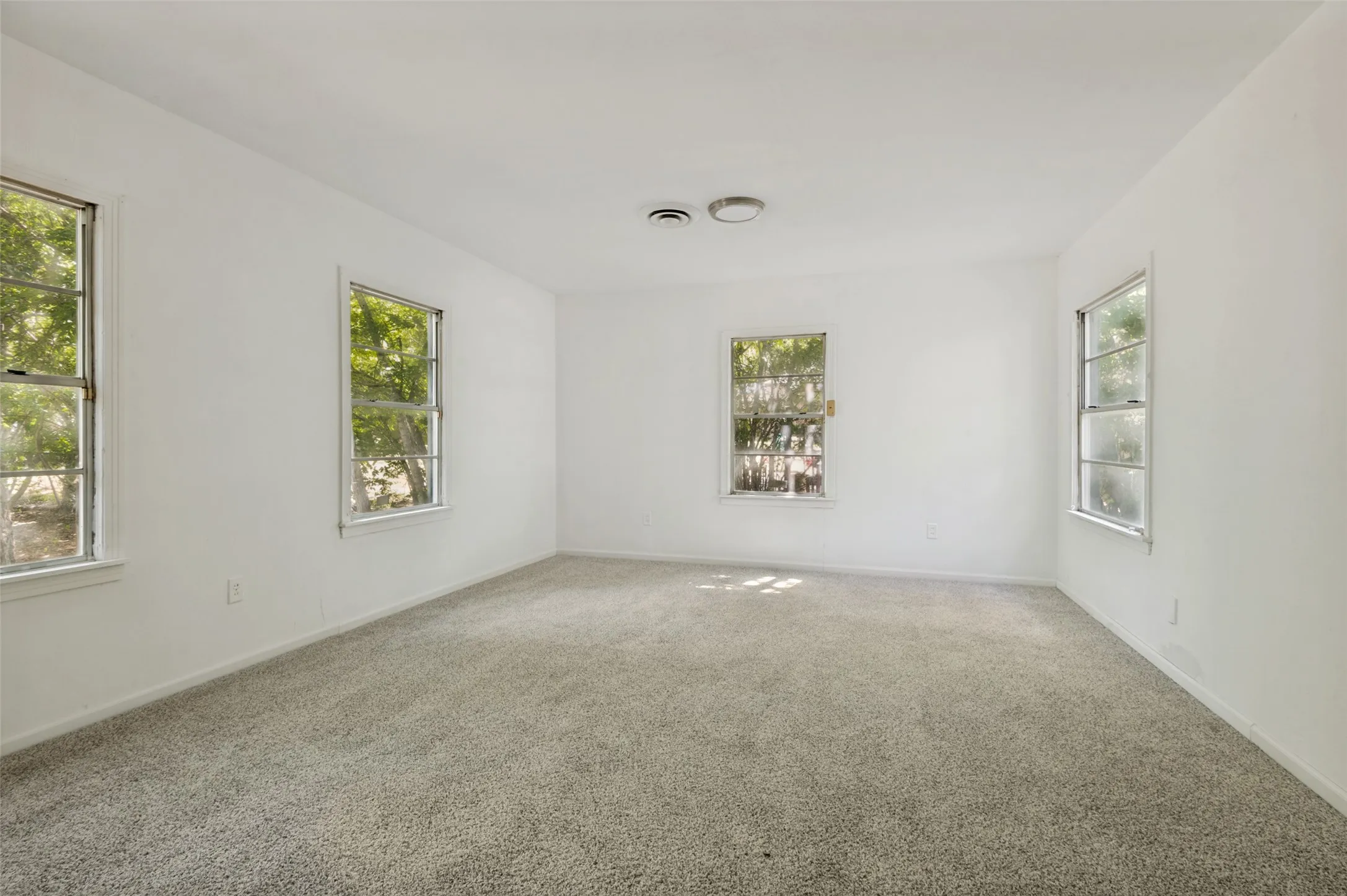 Spacious room featuring light-colored carpet, white walls, and multiple windows with white trim