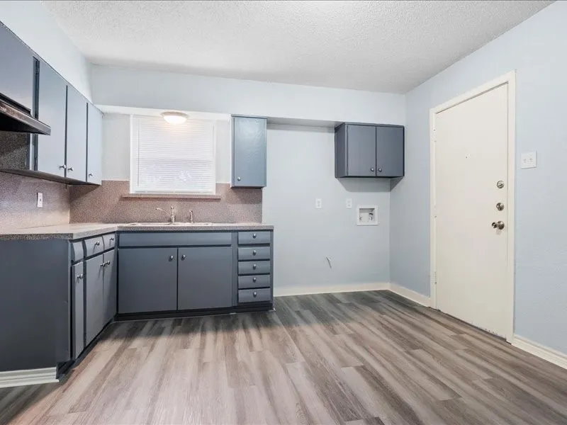 Kitchen with gray cabinetry, dark countertops, wood-finish flooring, and a single basin sink