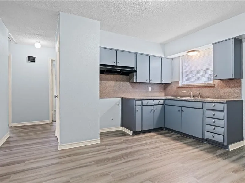 Kitchen featuring L-shaped cabinetry with matte gray doors and drawer fronts, a coordinating countertop, and a stainless steel sink with a chrome faucet
